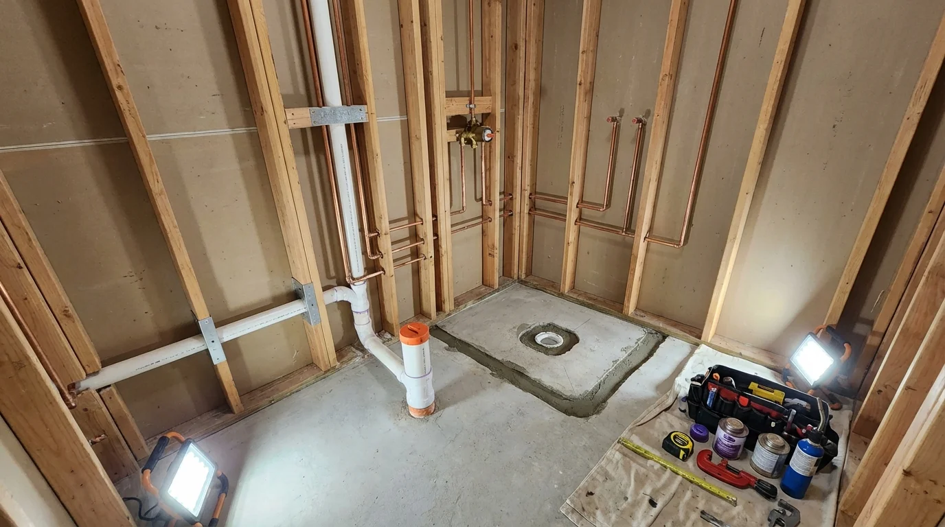 Bathroom rough-in plumbing during remodel by Johns Plumbing LLC in Jeannette