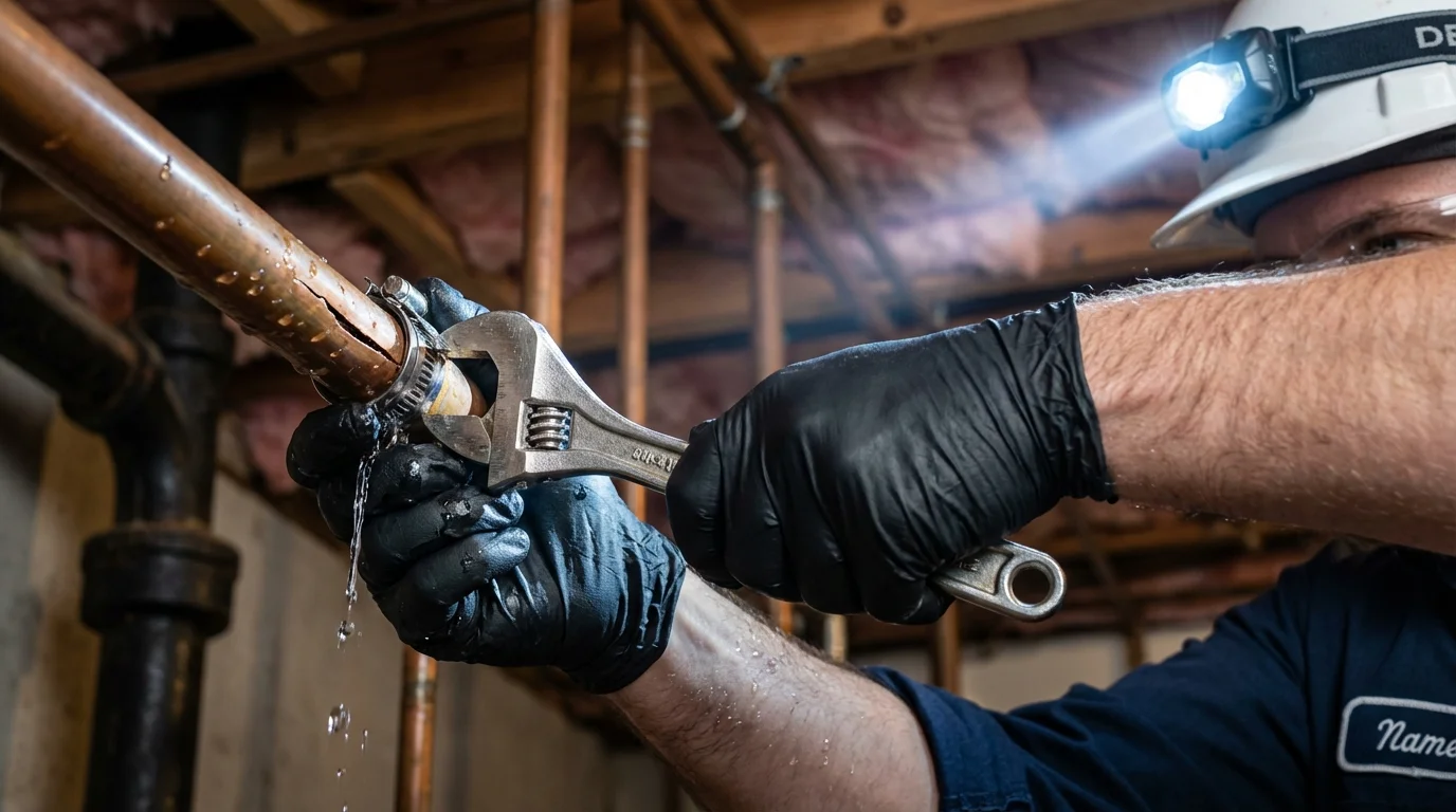 Emergency pipe clamp repair being performed by a Johns Plumbing LLC plumber in Jeannette