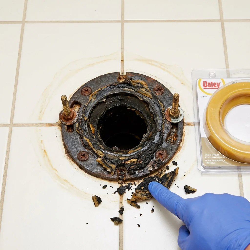 Failed wax ring showing water seepage at the base of a toilet in a Jeannette, PA home