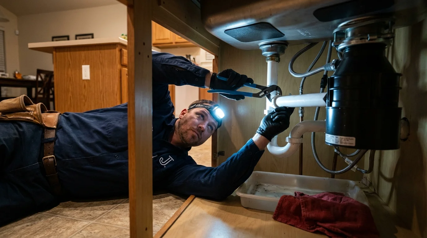 P-trap and supply line connections under a kitchen sink showing a common leak point in Jeannette, PA